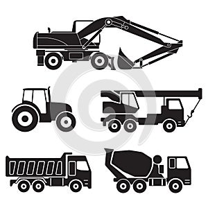 Construction trucks icons set isolated on white background. Vector collection of heavy equipment: Concrete mixer truck, Truck