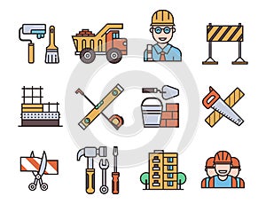 Construction vector linear icons universal building elements and worker equipment flat industry tools illustration.