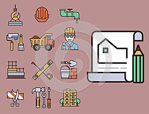 Construction vector linear icons universal building elements and worker equipment flat industry tools illustration.