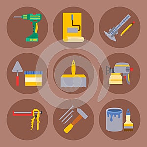 Construction vector worker equipment house renovation handyman tools carpentry industry illustration.