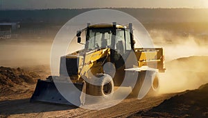 A construction vehicle in a cloud of dust