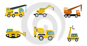 Construction vehicle icon set, flat style