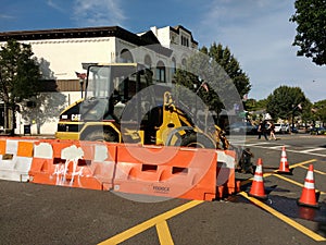 Construction Vehicle Parked in the Street, CAT Forklift, Traffic Cones, Jersey Barrier, Rutherford, NJ, USA