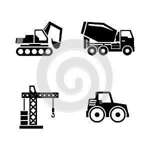 Construction Vehicles, Building Machines. Simple Related Vector Icons