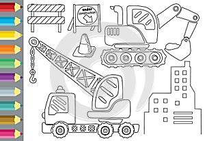 Construction vehicles cartoon with construction elements, coloring book or page