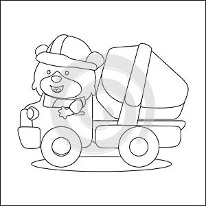 Construction vehicles coloring book or page with cute litle animal driver, Cartoon isolated vector illustration, Creative vector