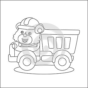 Construction vehicles coloring book or page with cute litle animal driver, Creative vector