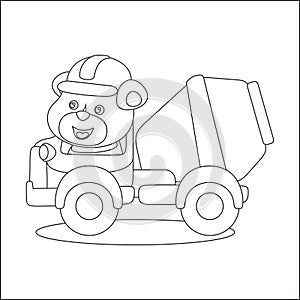 Construction vehicles coloring book or page with cute litle animal driver, Creative vector