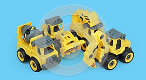 construction vehicles of concrete mixer, bulldozer, excavator truck and tractor drill isolated on blue background