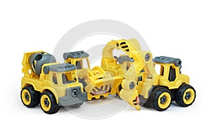 construction vehicles of concrete mixer, bulldozer, excavator truck and tractor drill isolated on white background. heavy