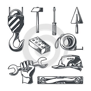Construction vehicles facilities and building tools black icons set isolated vector