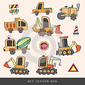 Construction vehicles. Hand-drawn cartoon car, set vector