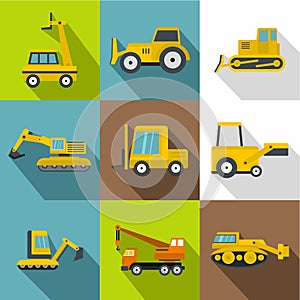 Construction vehicles icons set, flat style