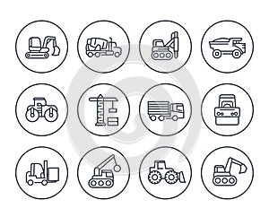 Construction vehicles icons on white