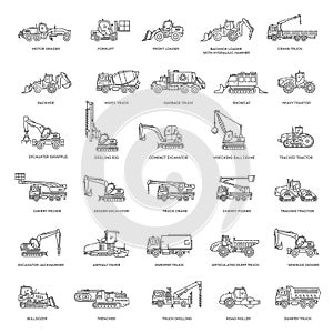 Construction vehicles. Industrial transport vector icons