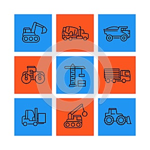 Construction vehicles line icons set