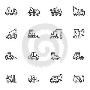 Construction vehicles line icons set