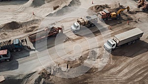 Construction vehicles in motion, digging dirt, unloading steel, delivering sand generated by AI