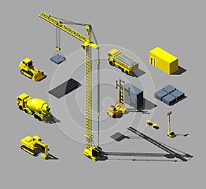 Construction vehicles and objects. Vector isometric illustration