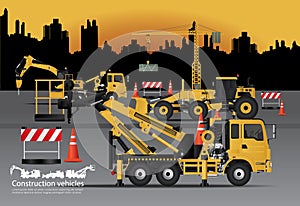 Construction Vehicles Set with Building Background