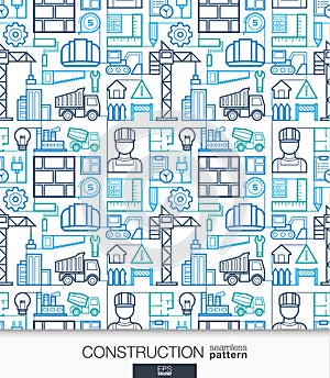 Construction wallpaper. Build connected seamless pattern. Tiling textures with thin line integrated web icons set