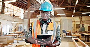 Construction, warehouse and man with tablet for logistics, planning and typing online communication. Factory, inventory