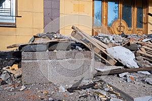 Construction waste after dismantling the ceilings and walls of a building