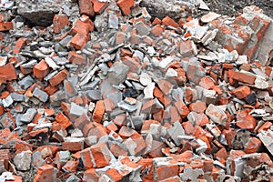 Construction waste with elements of various dismantled and destroyed old structures at landfill