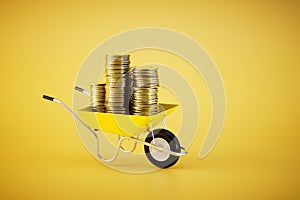 construction wheelbarrow full of gold coins on a yellow background. 3D render