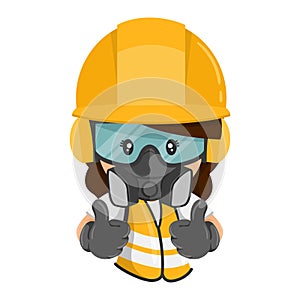Construction woman industrial worker with his personal protective equipment, helmet, respirator mask, glasses, earmuffs, with a