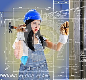 Construction woman with tools, denims overall