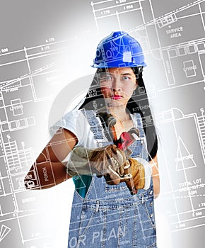 Construction woman with tools, denims overall