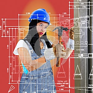 Construction woman with tools, denims overall