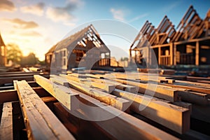 Construction of a wooden house under the open sky showing the process of building a cozy home in nature, construction picture