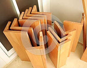 Construction of a wooden staircase. Beech wood stair steps