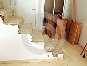 Construction of a wooden staircase. Beech wood stair steps