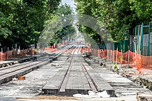 Construction work on the construction of new roads and laying of tram rails in Lviv, Ukraine