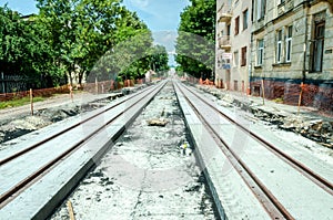 Construction work on the construction of new roads and laying of tram rails in Lviv, Ukraine