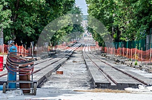 Construction work on the construction of new roads and laying of tram rails in Lviv, Ukraine