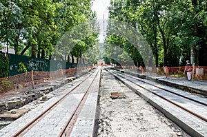 Construction work on the construction of new roads and laying of tram rails in Lviv, Ukraine