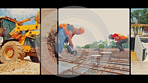 Construction work at the construction site collage. multiwindow video. Workers at a construction site. A collage of