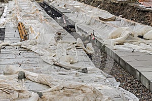 Construction work on laying tram rails