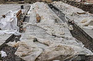 Construction work on laying tram rails