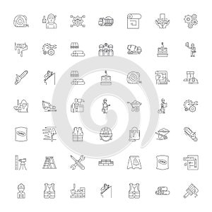 Construction work linear icons, signs, symbols vector line illustration set