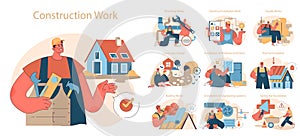 Construction work set. Diverse crew performing plumbing, electrical, facade,