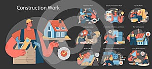 Construction work set. Diverse crew performing plumbing, electrical, facade