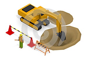 Construction work site. Construction site workers. Operate the excavator car. isometric