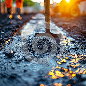 Construction Work at Sunset: Shovel and Fresh Concrete. Generative ai