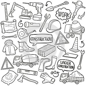 Construction Work Traditional Doodle Icons Sketch Hand Made Design Vector