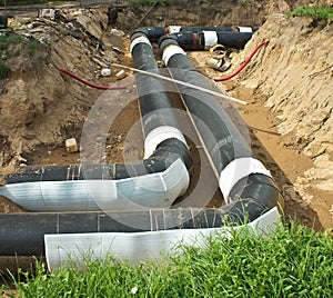 Construction work. Workers. Pipe laying. Repair of communications